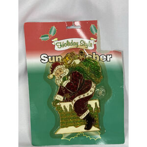 Vtg Plastic Sun Catcher Stain Glass Santa Claus Climbing Down Chimney Christmas